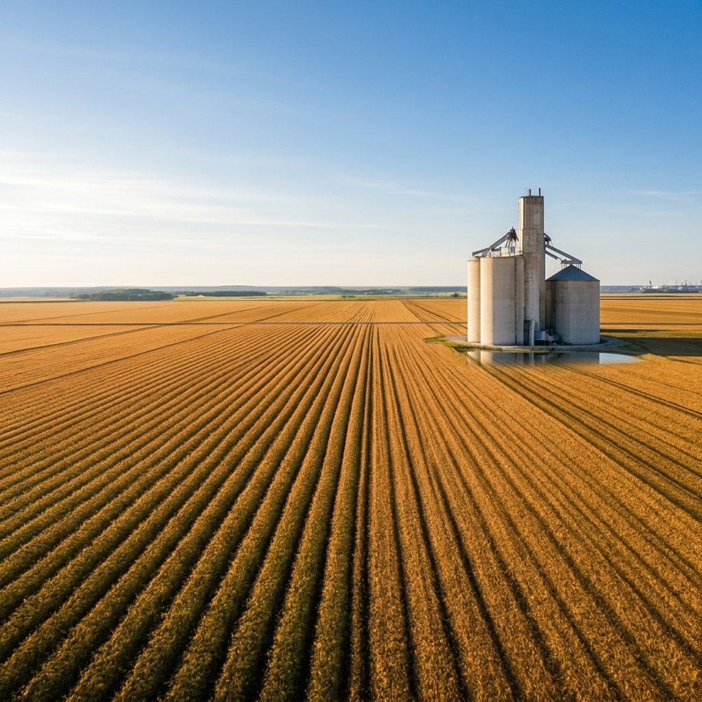 Canadian agricultural fields at sunset